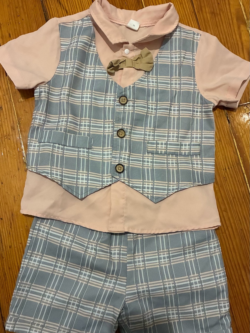 SHEIN Pink Shirt with Blue Plaid Vest & Shorts Set and Tan Bow
